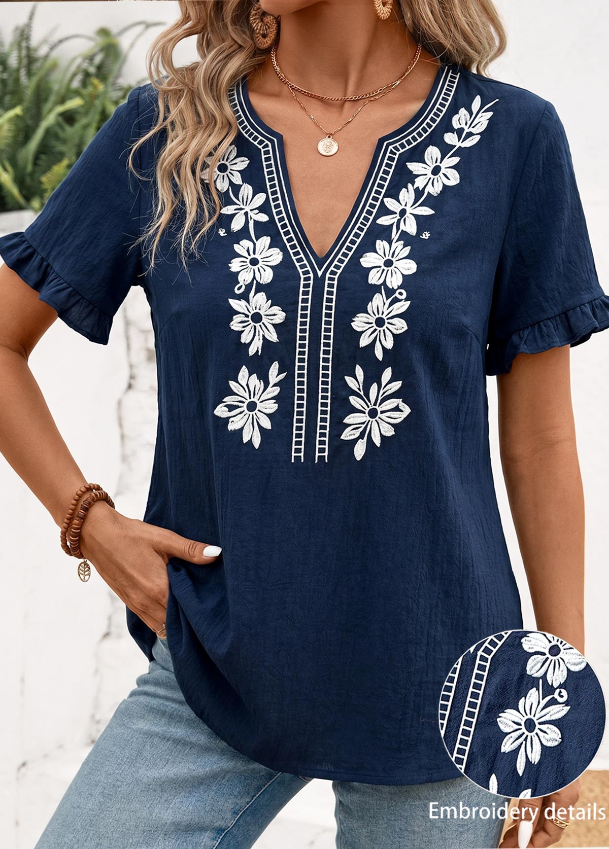 Navy Frill Short Sleeve Split Neck Blouse | picture 