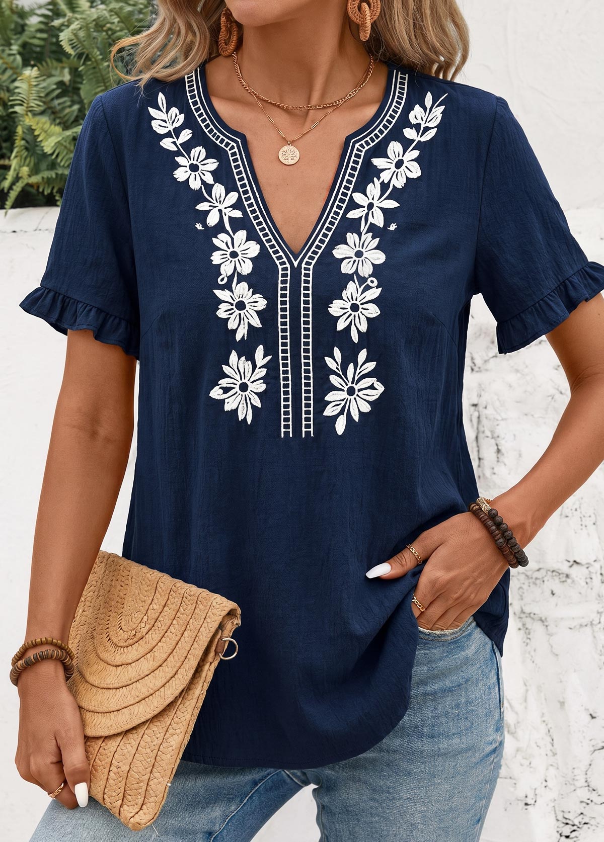 Navy Frill Short Sleeve Split Neck Blouse | picture 