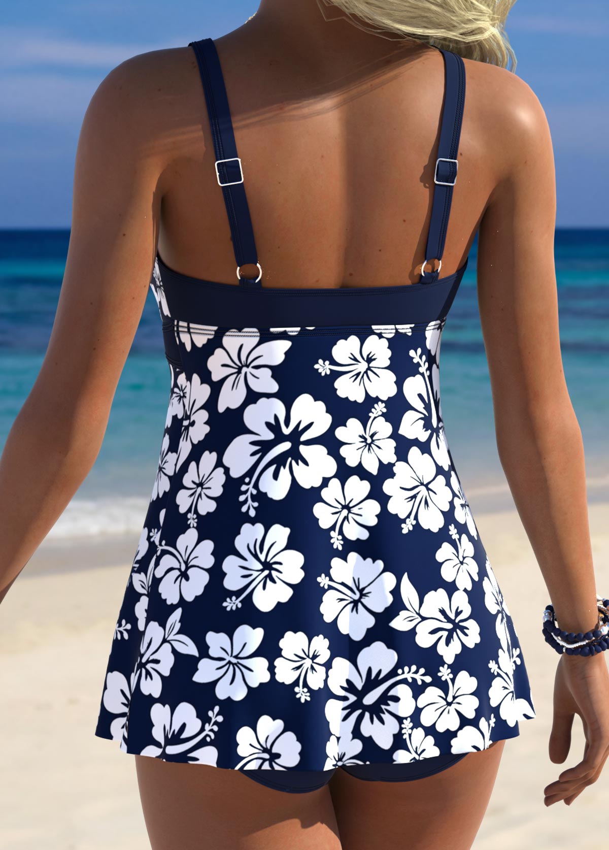 Navy Mid Waisted Tummy Coverage Floral Print Tankini Set | picture 