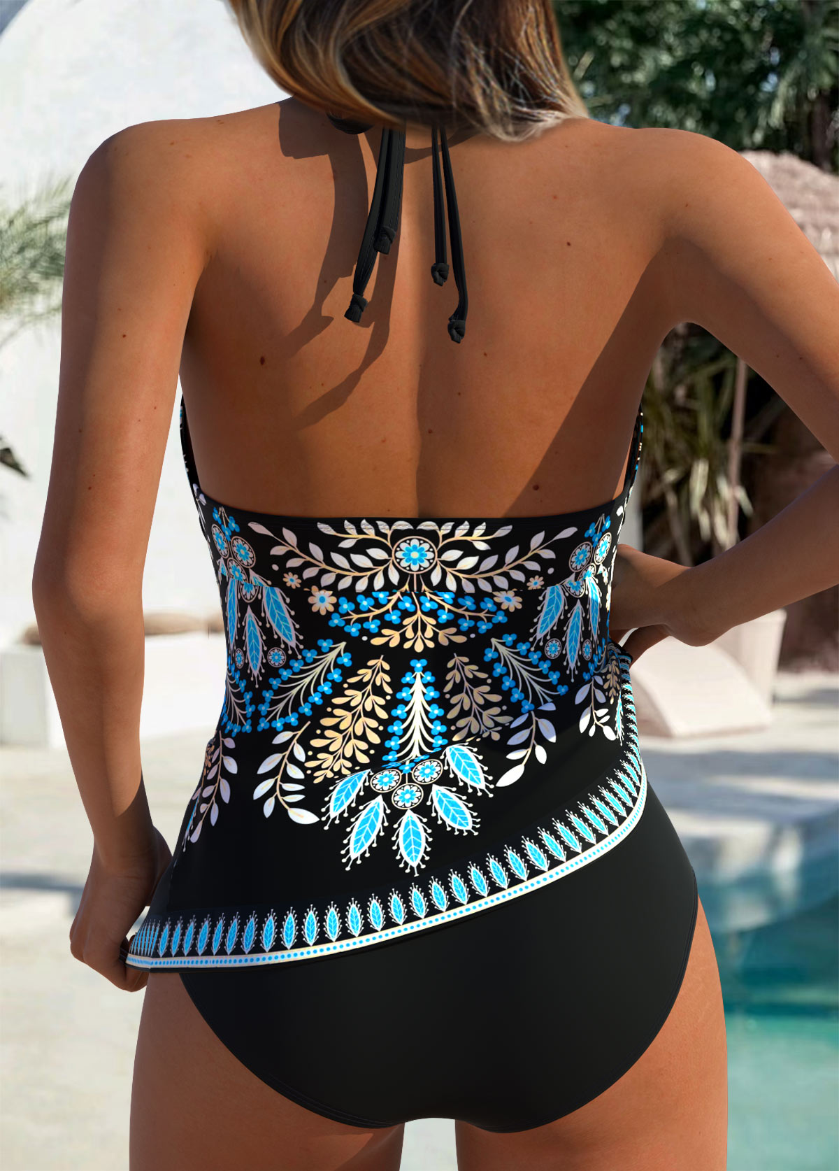 Black Mid Waisted Tummy Coverage Leaf Print Tankini Set | picture 