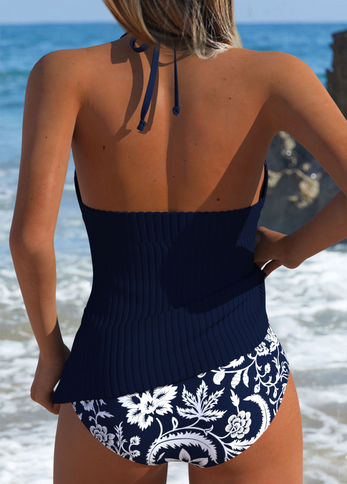 Navy Mid Waisted Drawstring Random Floral Print Tankini Set | picture 