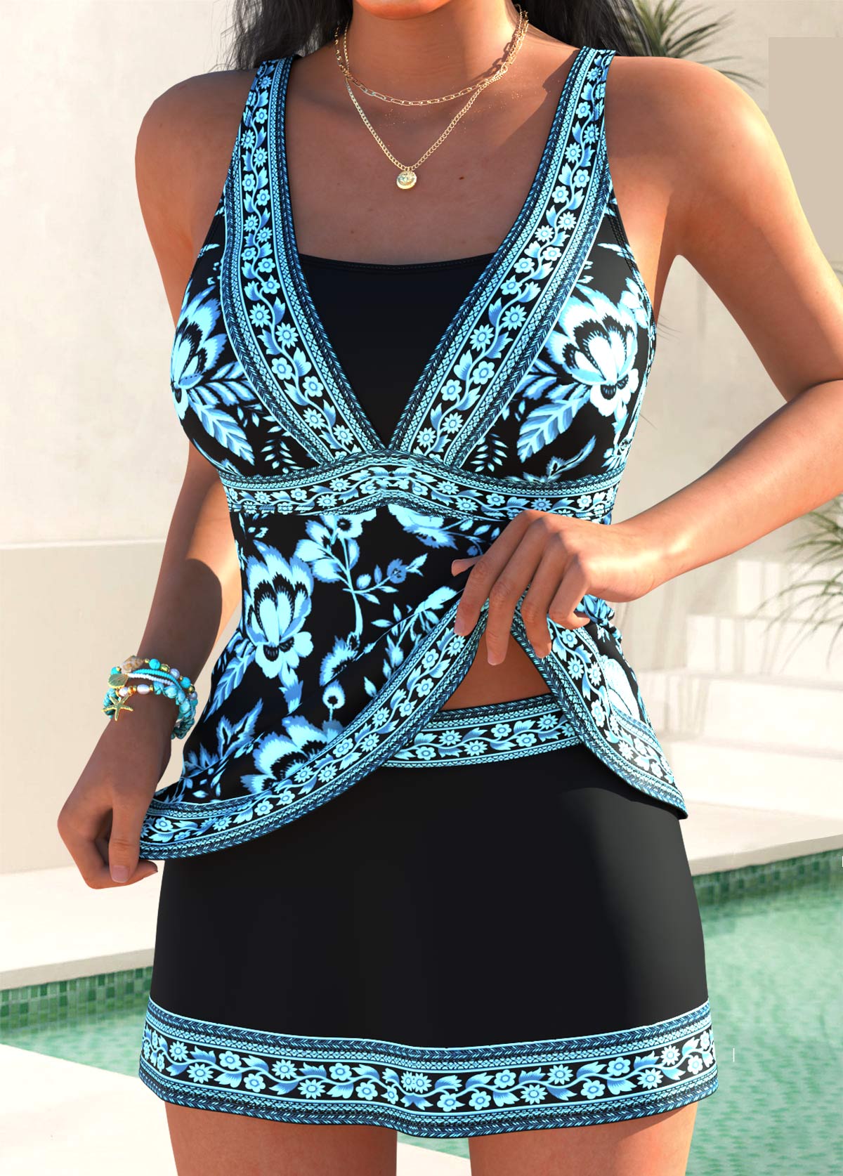 Black Mid Waisted Tribal Print Tankini Set | picture 