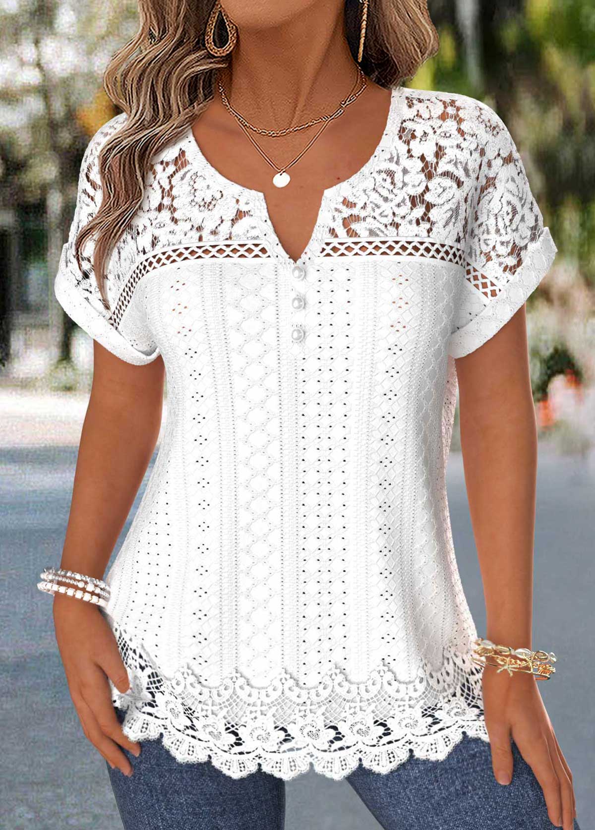 Raw White Patchwork Short Sleeve Split Neck Blouse | picture 