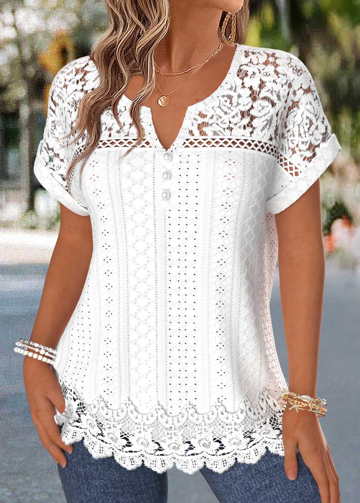 Raw White Patchwork Short Sleeve Split Neck Blouse | picture 