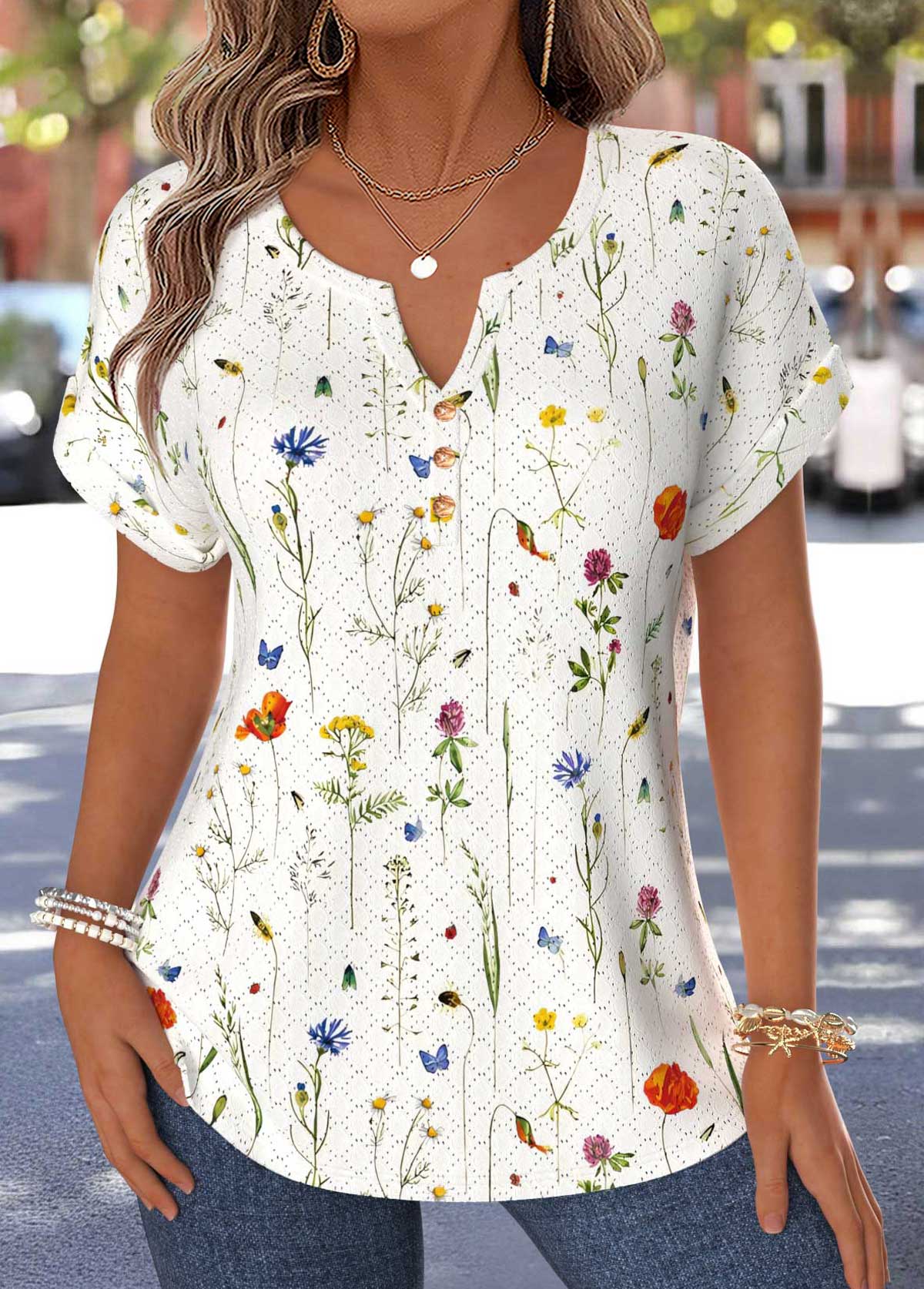 Multi Color Floral Print Tummy Coverage Short Sleeve Blouse | picture 