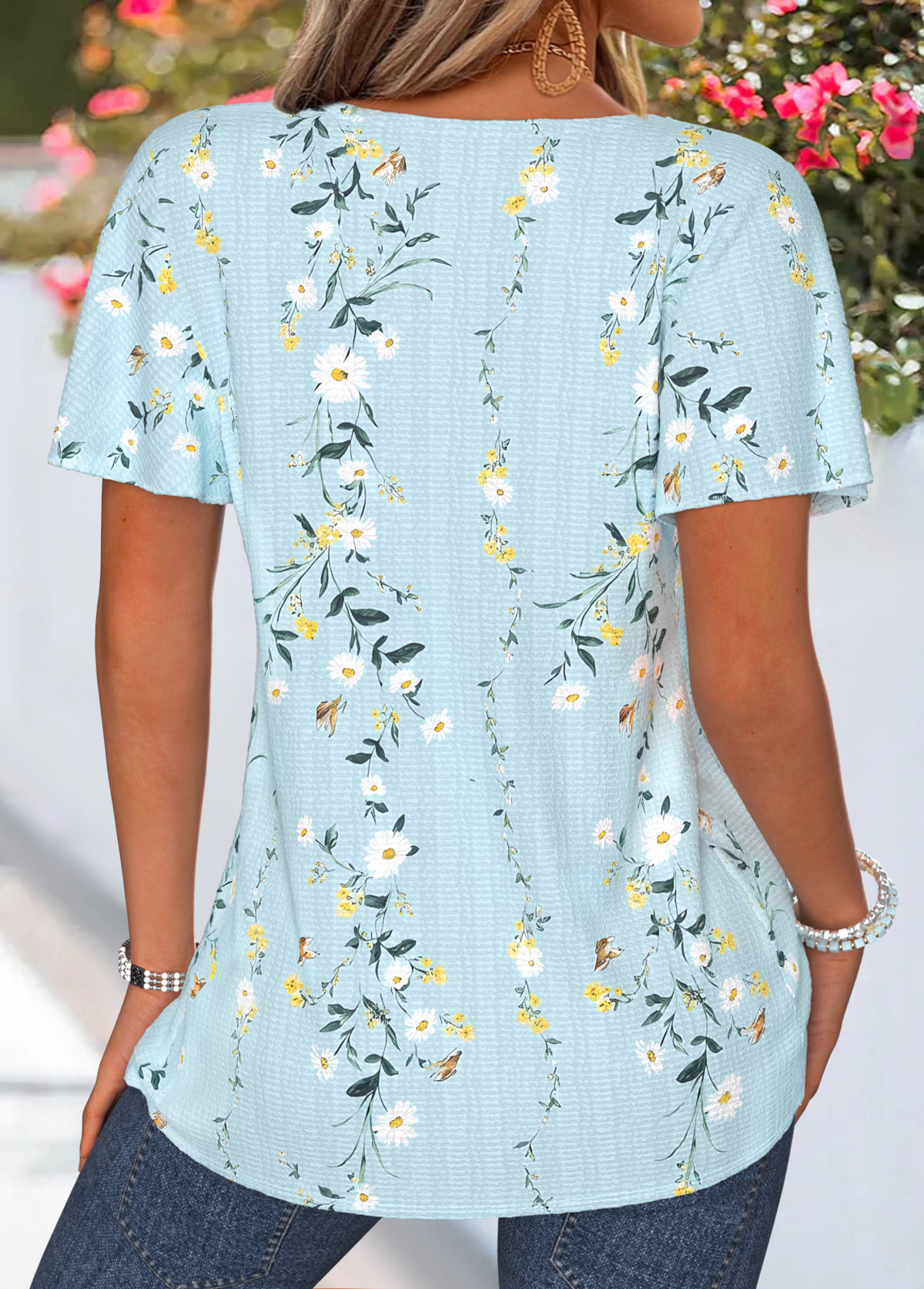 Light Blue Floral Print Patchwork Short Sleeve T Shirt | picture 