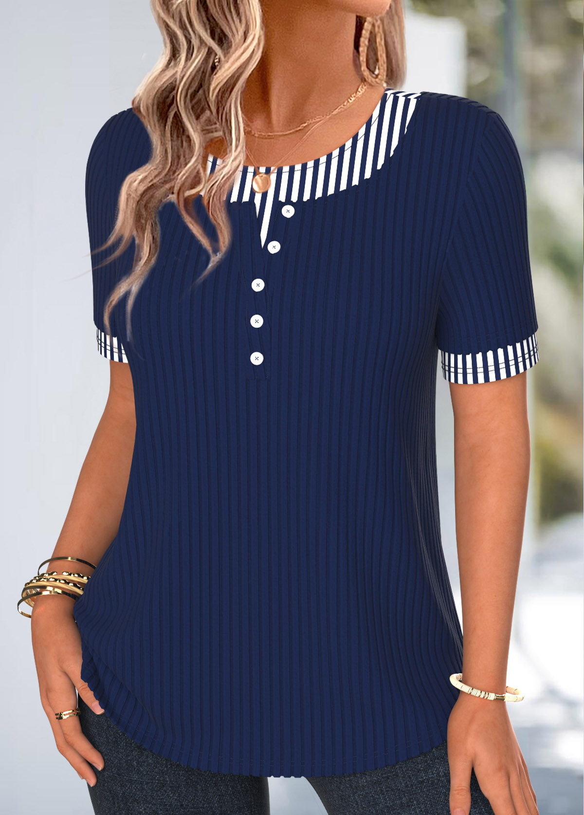 Navy Striped Curved Hem Short Sleeve T Shirt | picture 