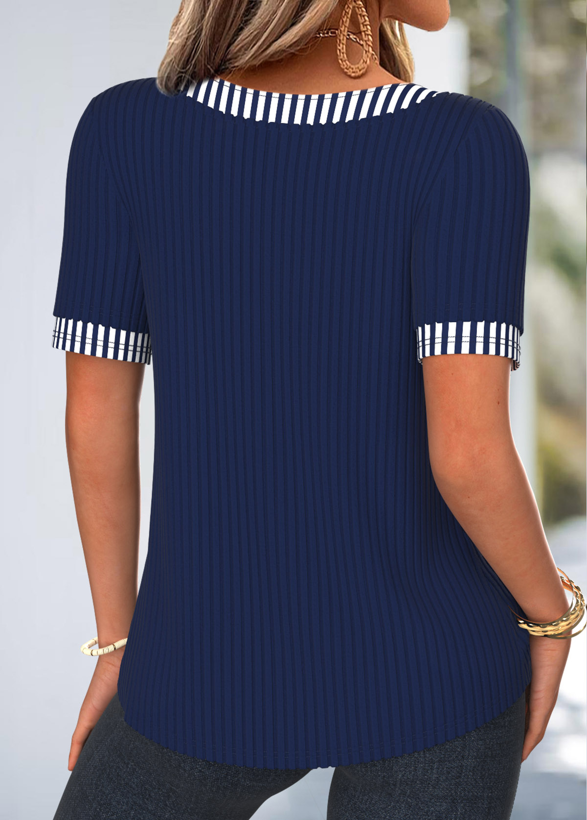 Navy Striped Curved Hem Short Sleeve T Shirt | picture 