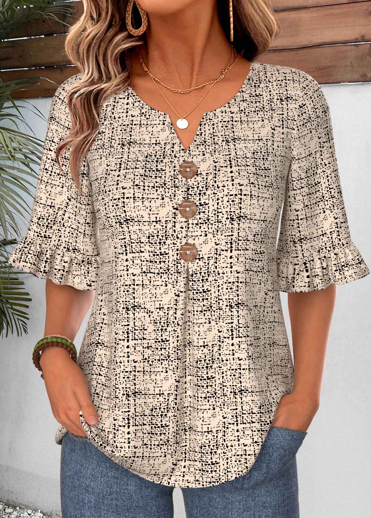 Light Camel Geometric Print Frill Half Sleeve Blouse | picture 
