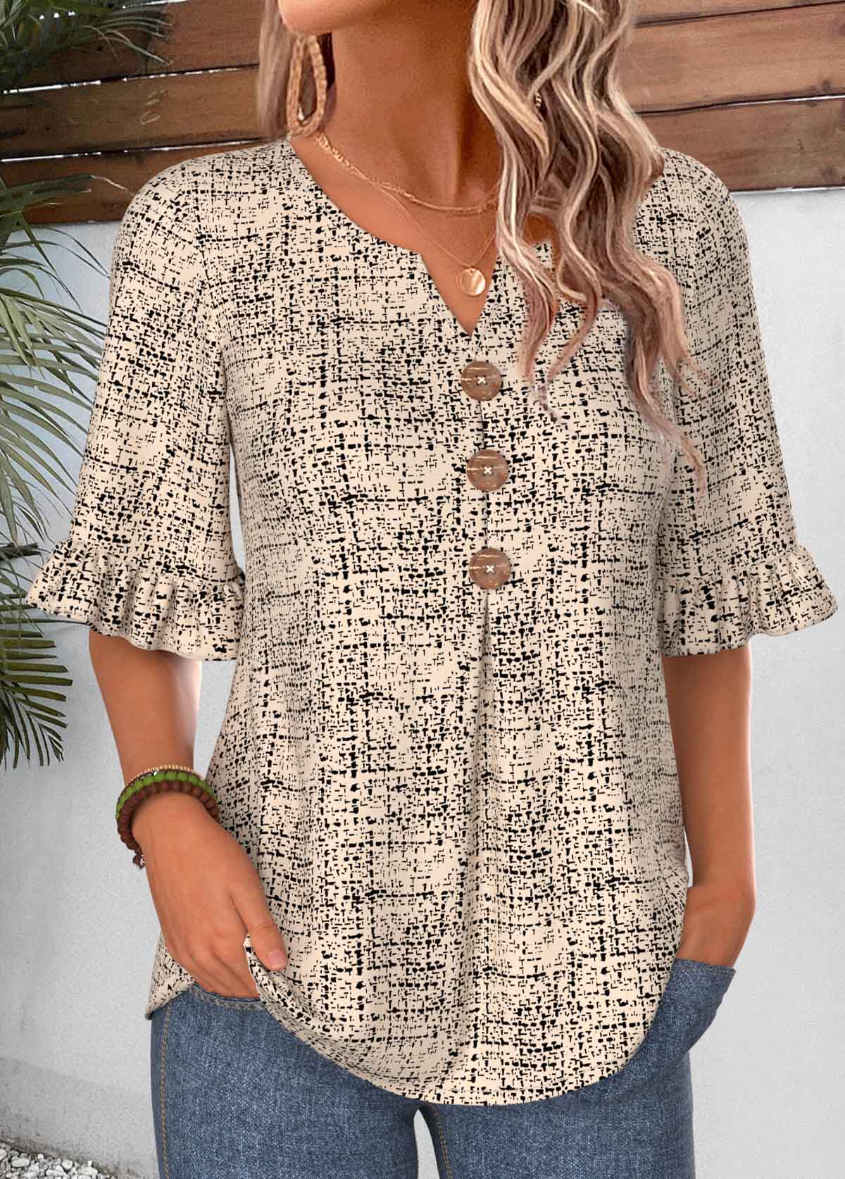 Light Camel Geometric Print Frill Half Sleeve Blouse | picture 