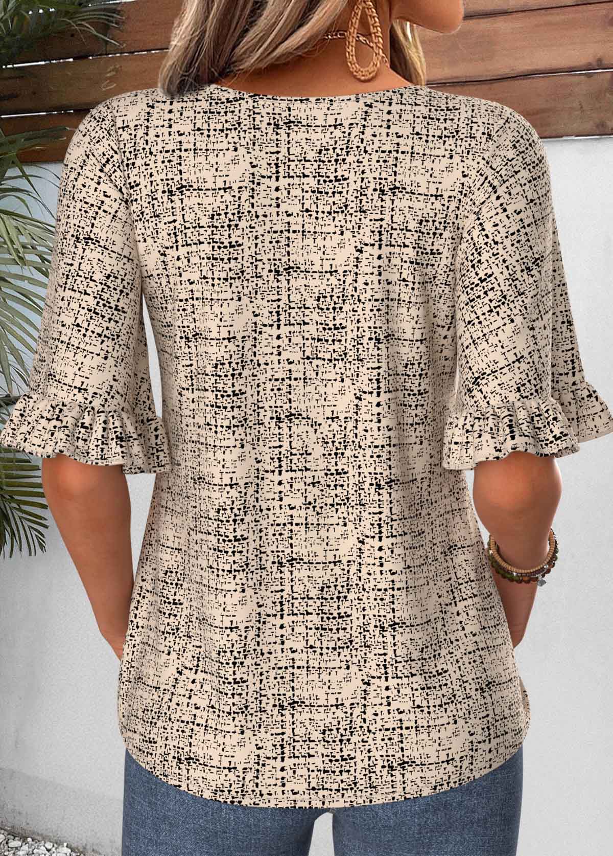 Light Camel Geometric Print Frill Half Sleeve Blouse | picture 