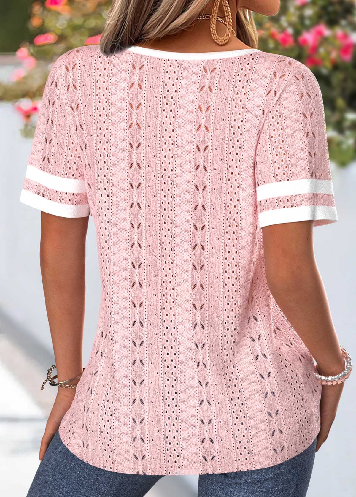 Light Pink Patchwork Short Sleeve Split Neck T Shirt | picture 