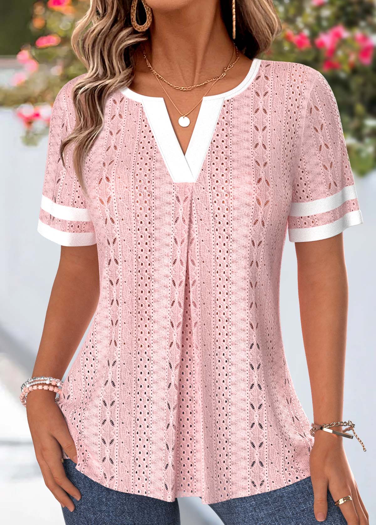 Light Pink Patchwork Short Sleeve Split Neck T Shirt | picture 
