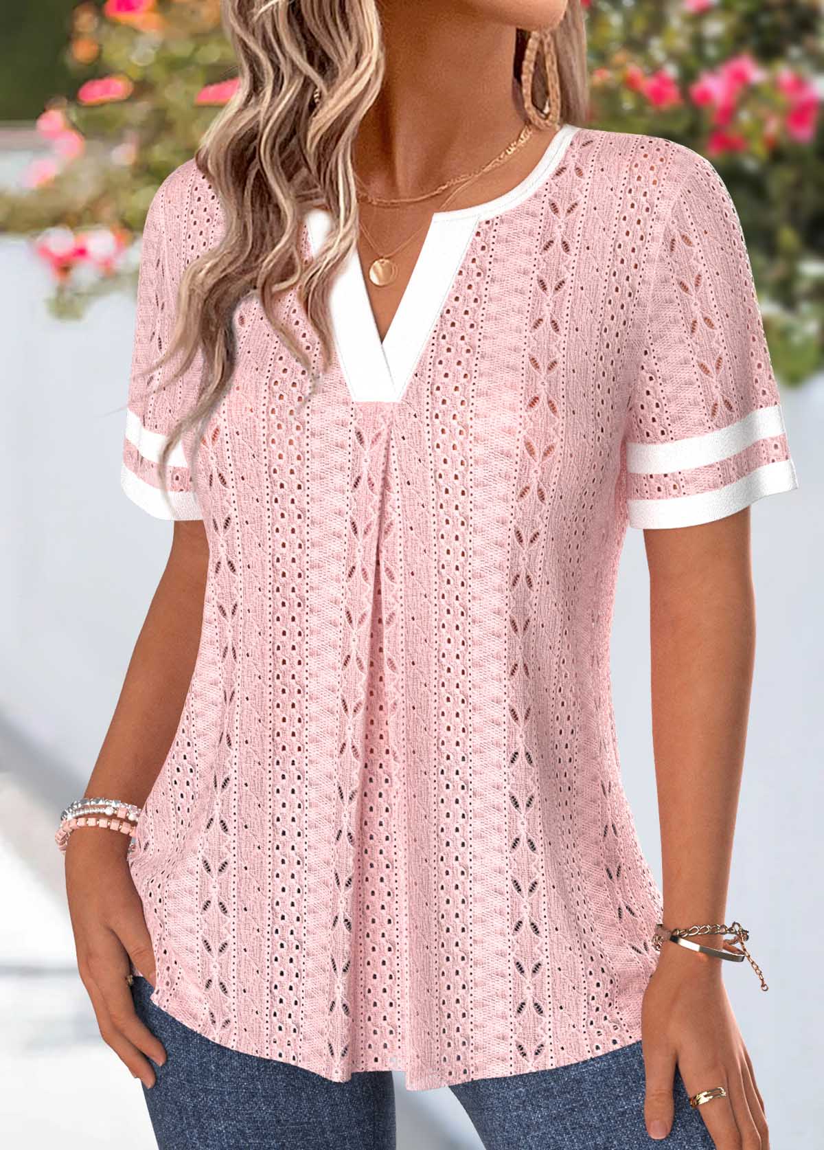 Light Pink Patchwork Short Sleeve Split Neck T Shirt | picture 