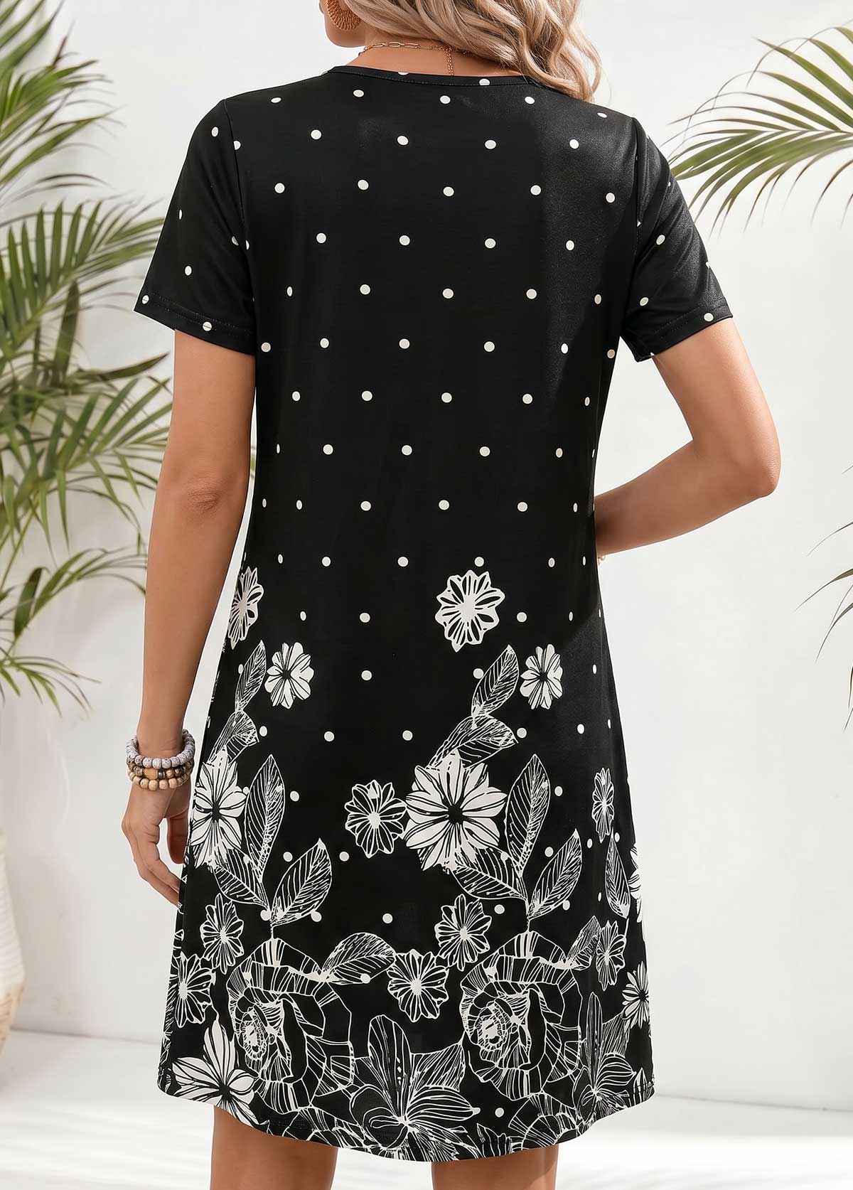 Black Floral Print Short Double Side Pockets Dress | picture 