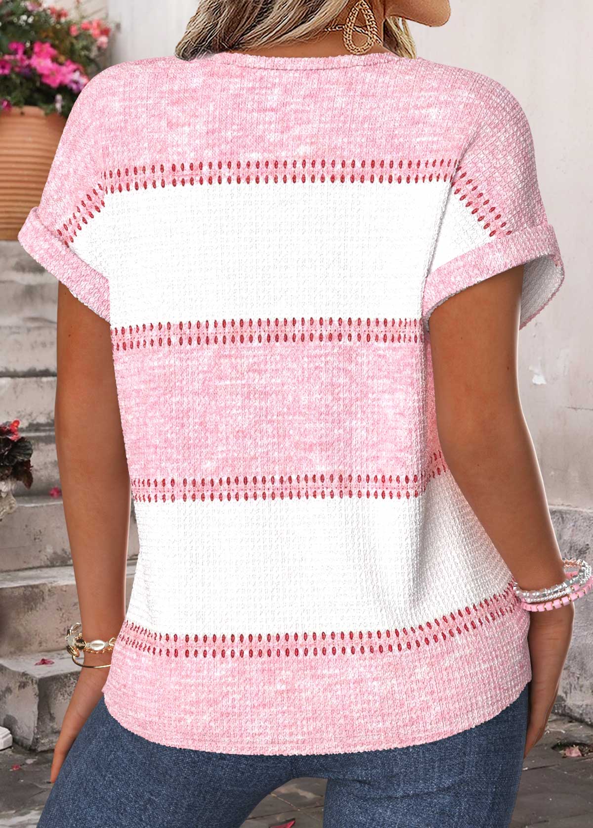 Pink Striped Tummy Coverage Short Sleeve Split Neck Blouse | picture 