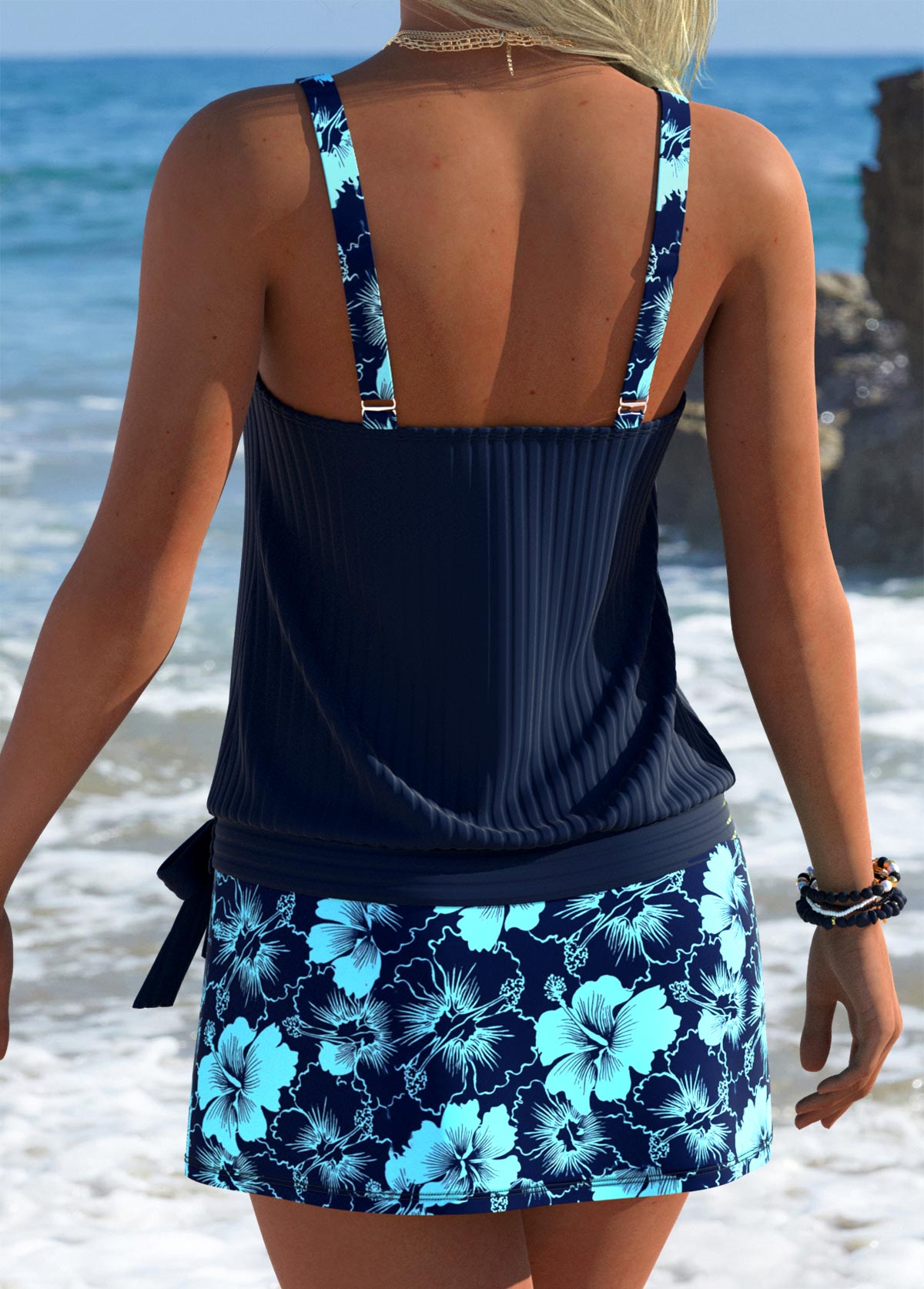 Navy Mid Waisted Blouson Floral Print Tankini Set | picture 