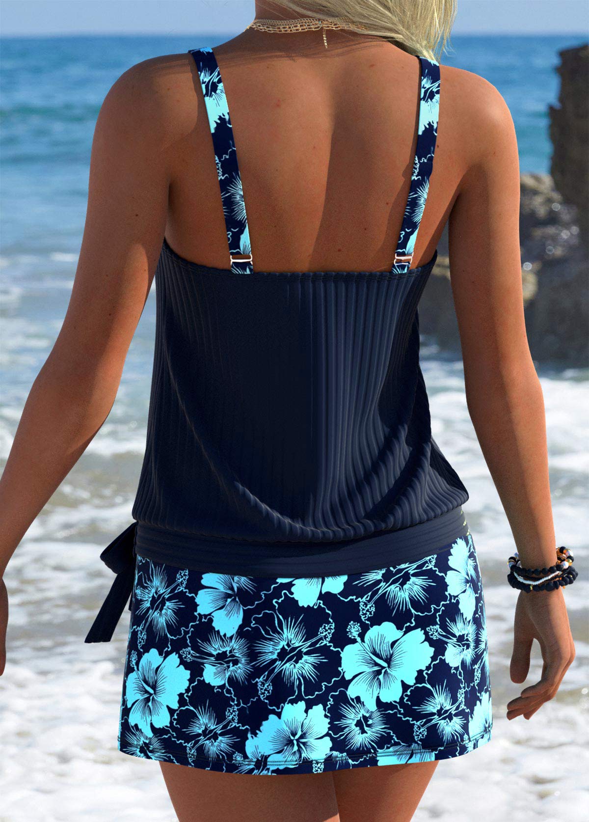 Navy Mid Waisted Blouson Floral Print Tankini Set | picture 