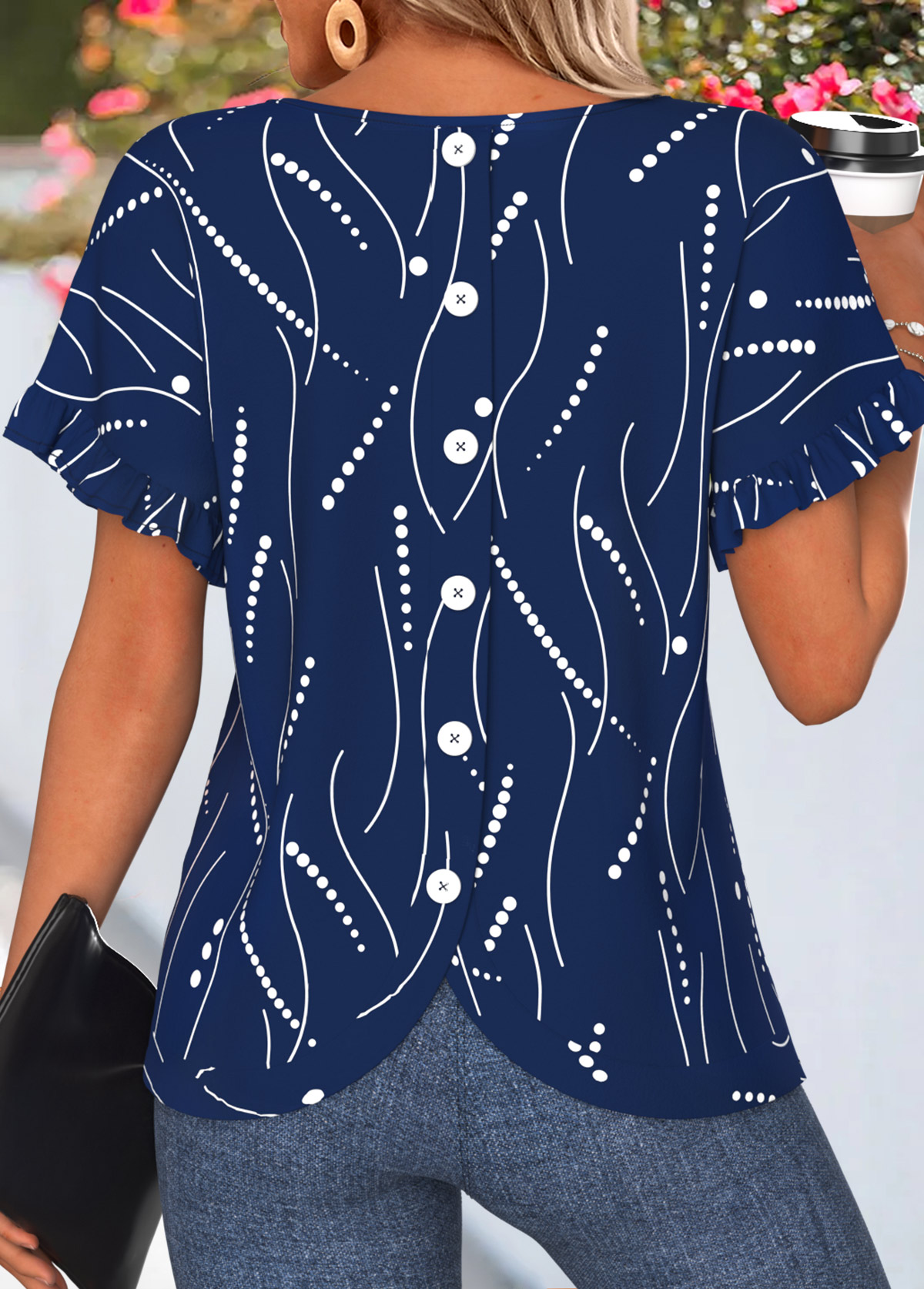 Navy Geometric Print Frill Short Sleeve T Shirt | picture 