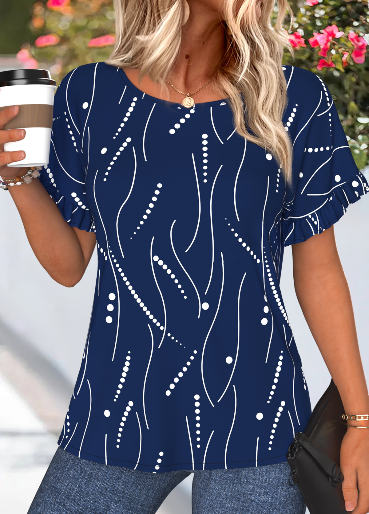 Navy Geometric Print Frill Short Sleeve T Shirt | picture 
