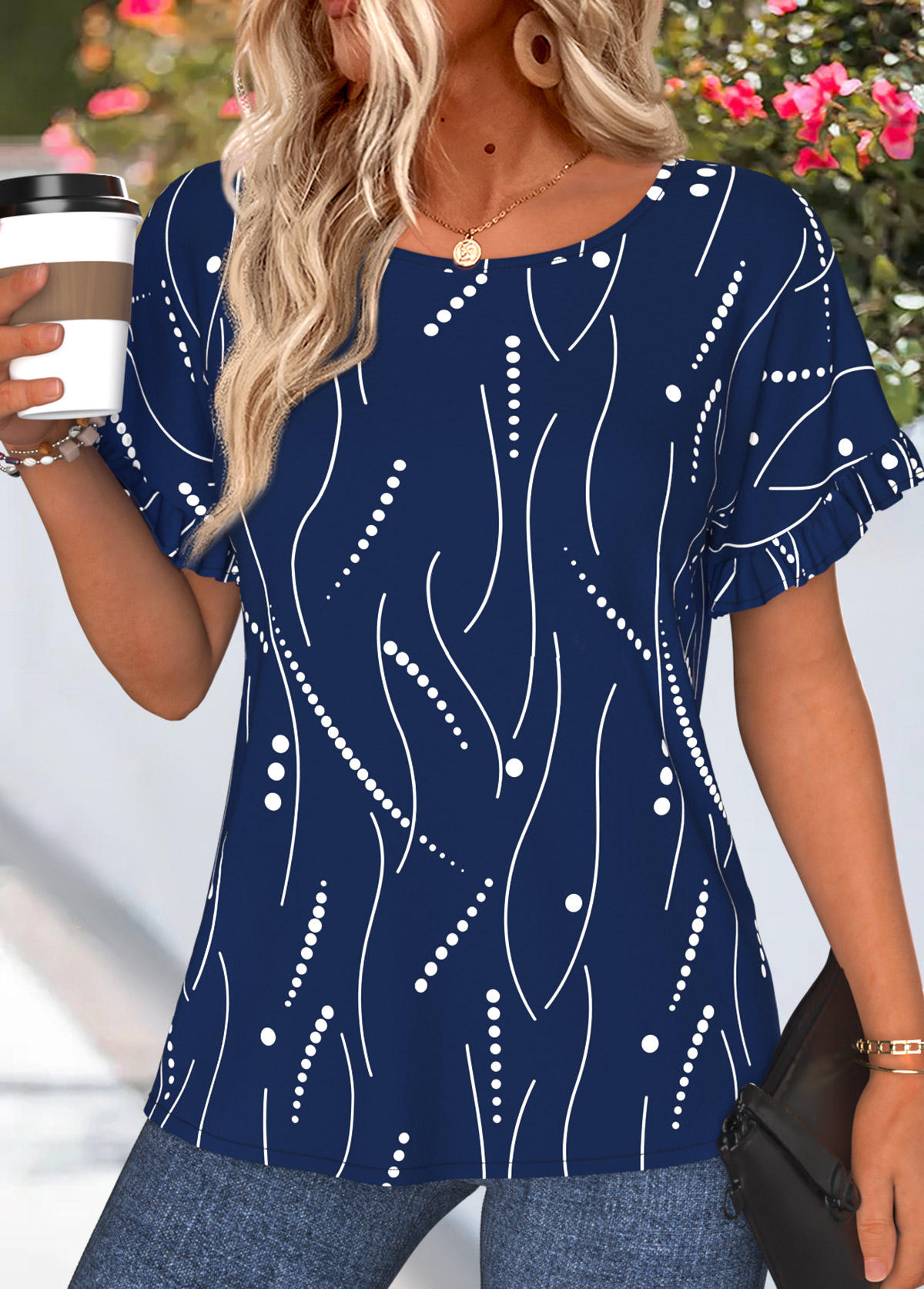 Navy Geometric Print Frill Short Sleeve T Shirt | picture 