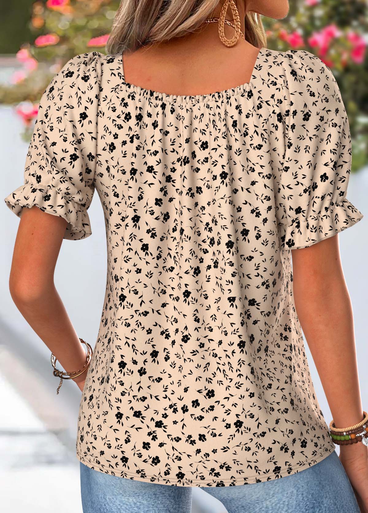 Light Camel Ditsy Floral Print Patchwork Short Sleeve Blouse | picture 
