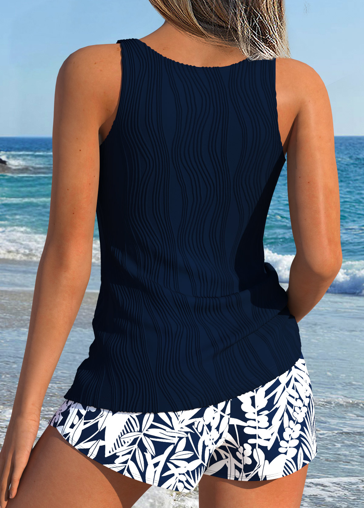 Navy Mid Waisted Hollow Out Leaf Print Tankini Set | picture 