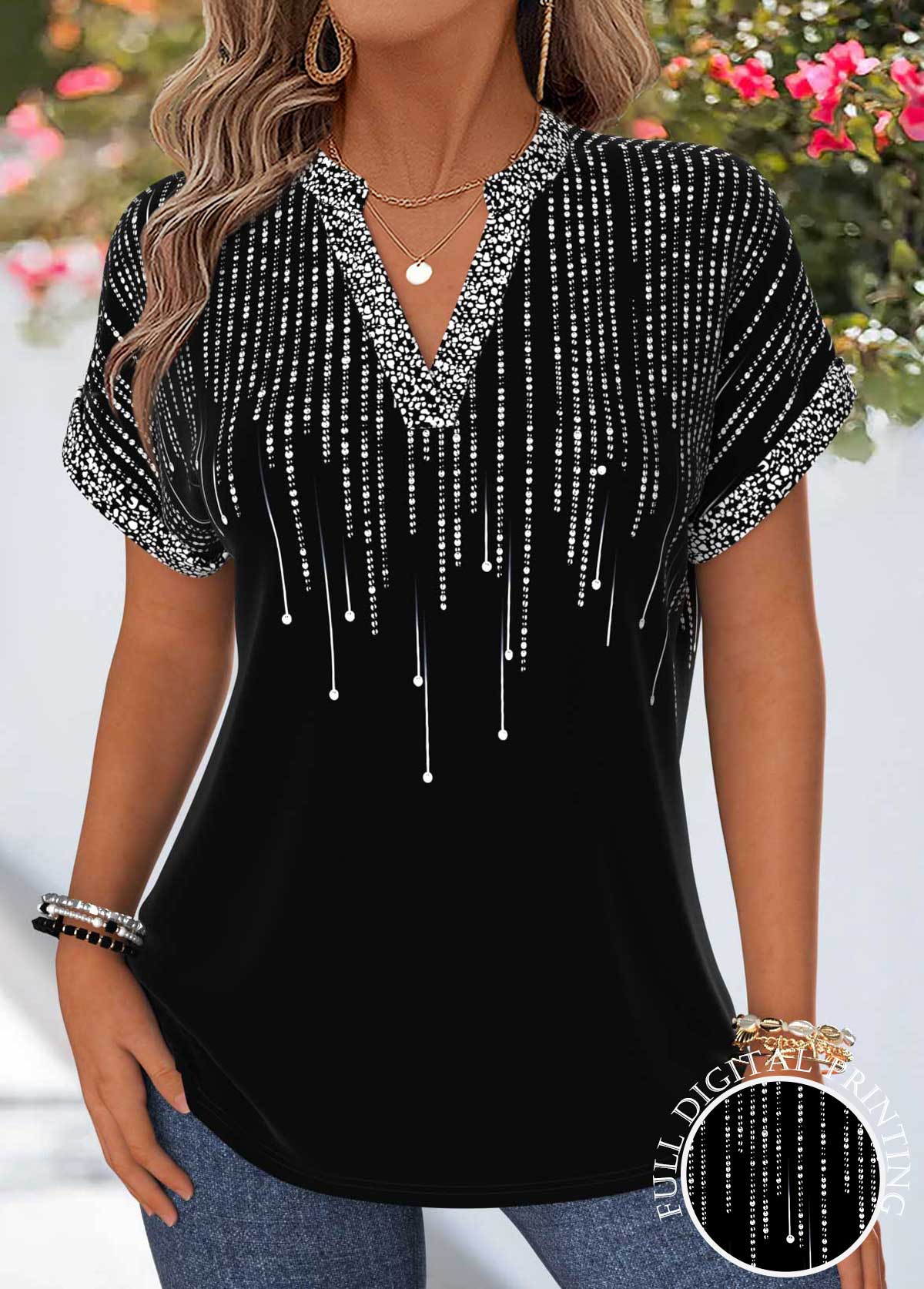 Black Ombre Tummy Coverage Short Sleeve Split Neck Blouse | picture 