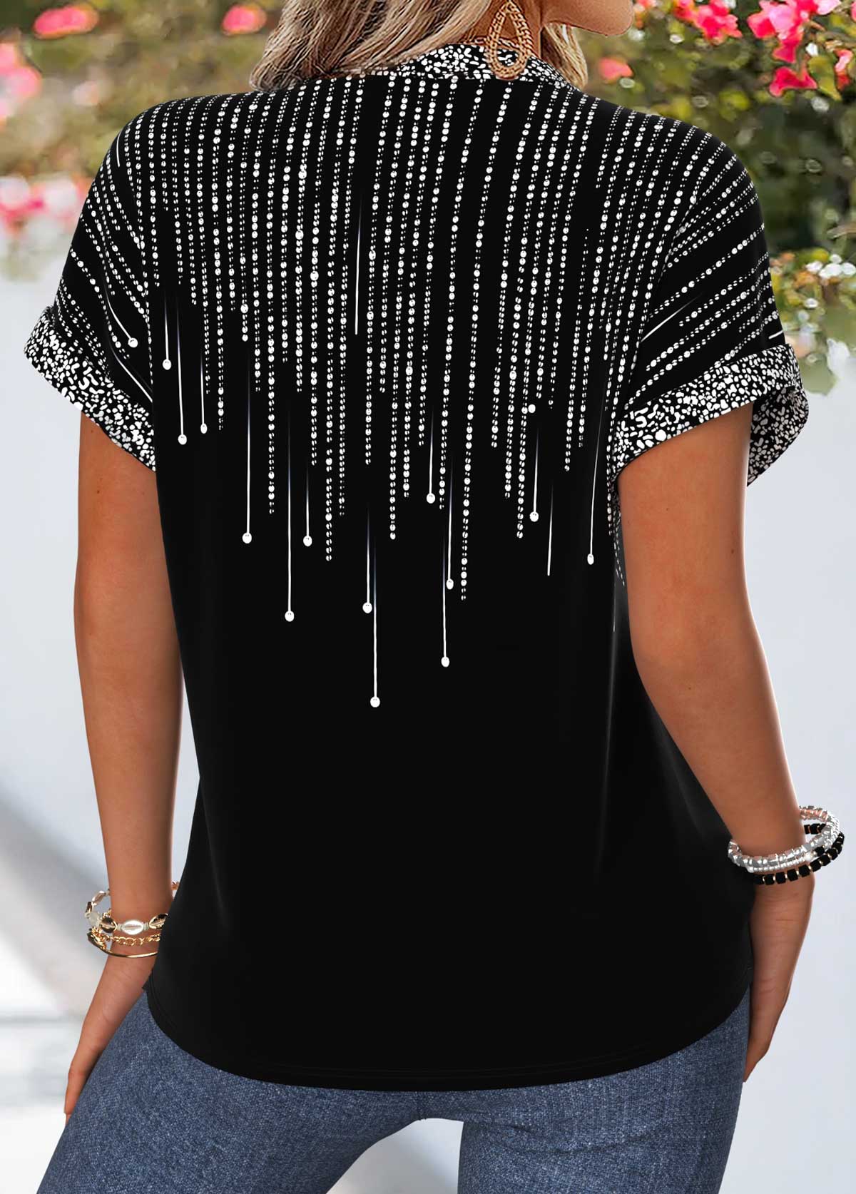 Black Ombre Tummy Coverage Short Sleeve Split Neck Blouse | picture 