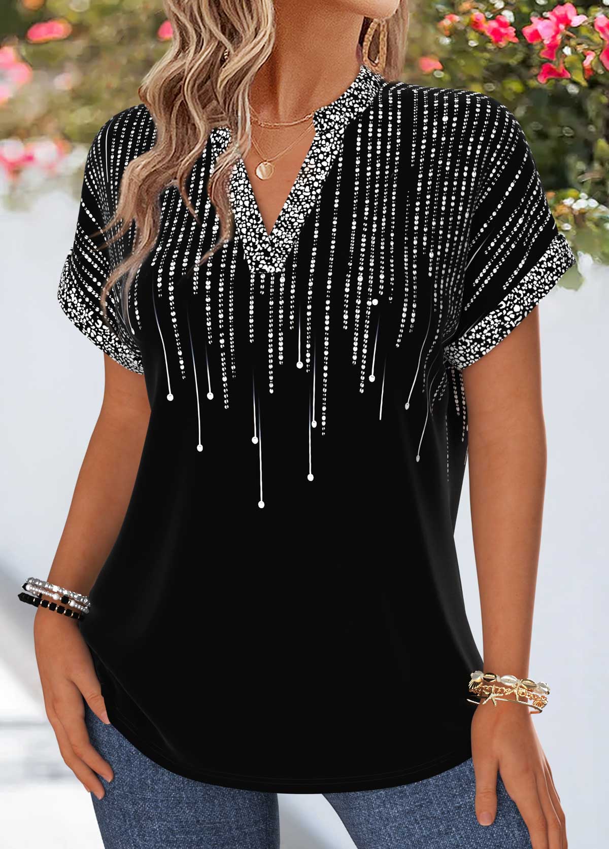 Black Ombre Tummy Coverage Short Sleeve Split Neck Blouse | picture 