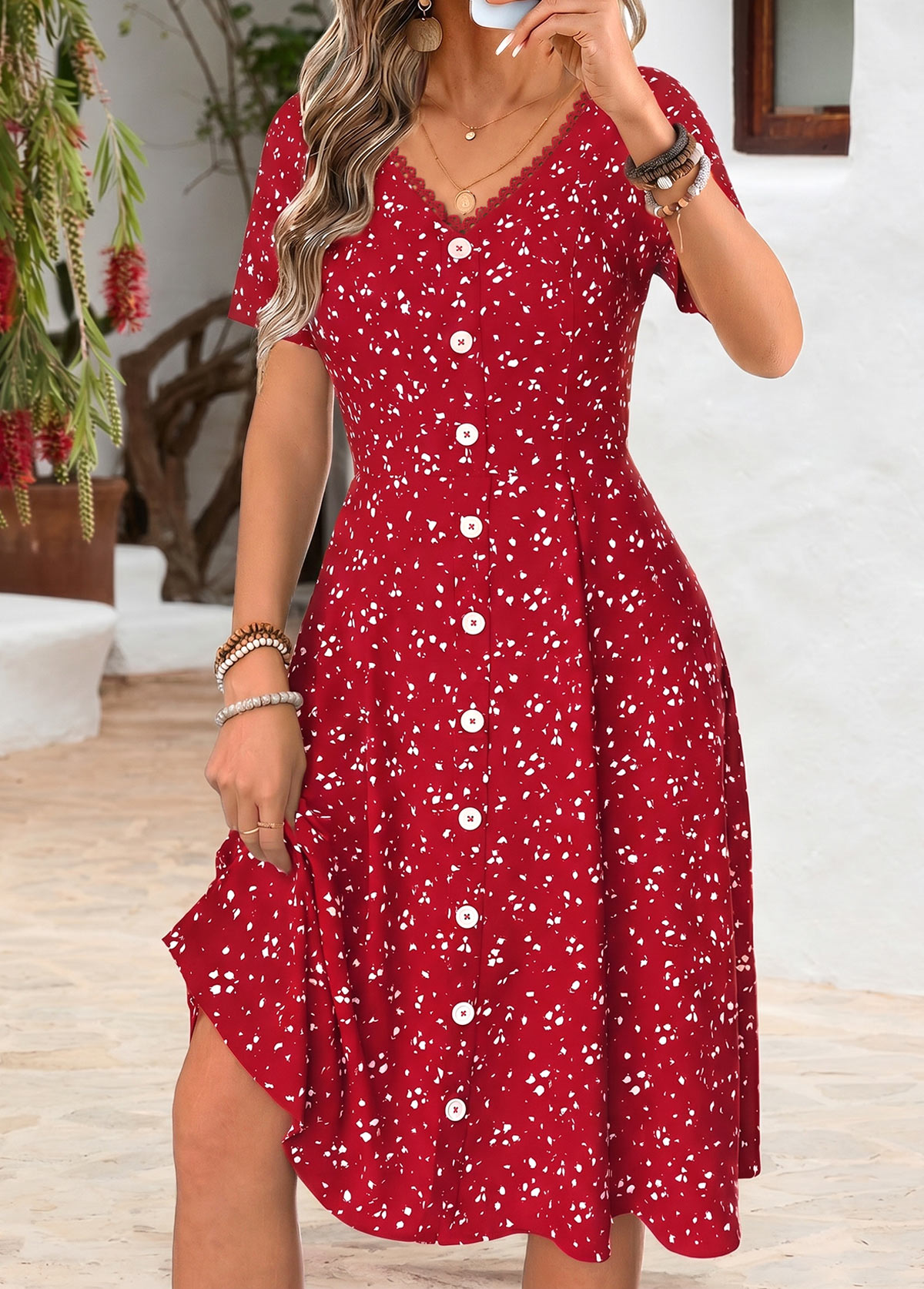 Red Tummy Coverage Short Sleeve V Neck Dress | picture 
