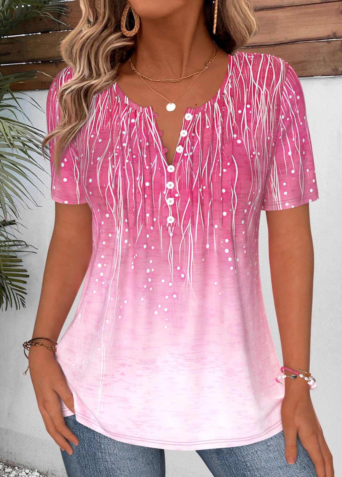 Hot Pink Ombre Curved Hem Short Sleeve T Shirt | picture 