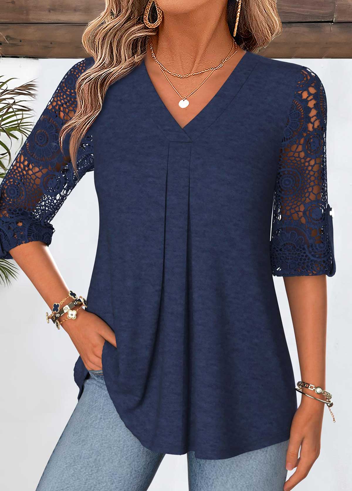 Navy Curved Hem 3/4 Sleeve V Neck Blouse | picture 