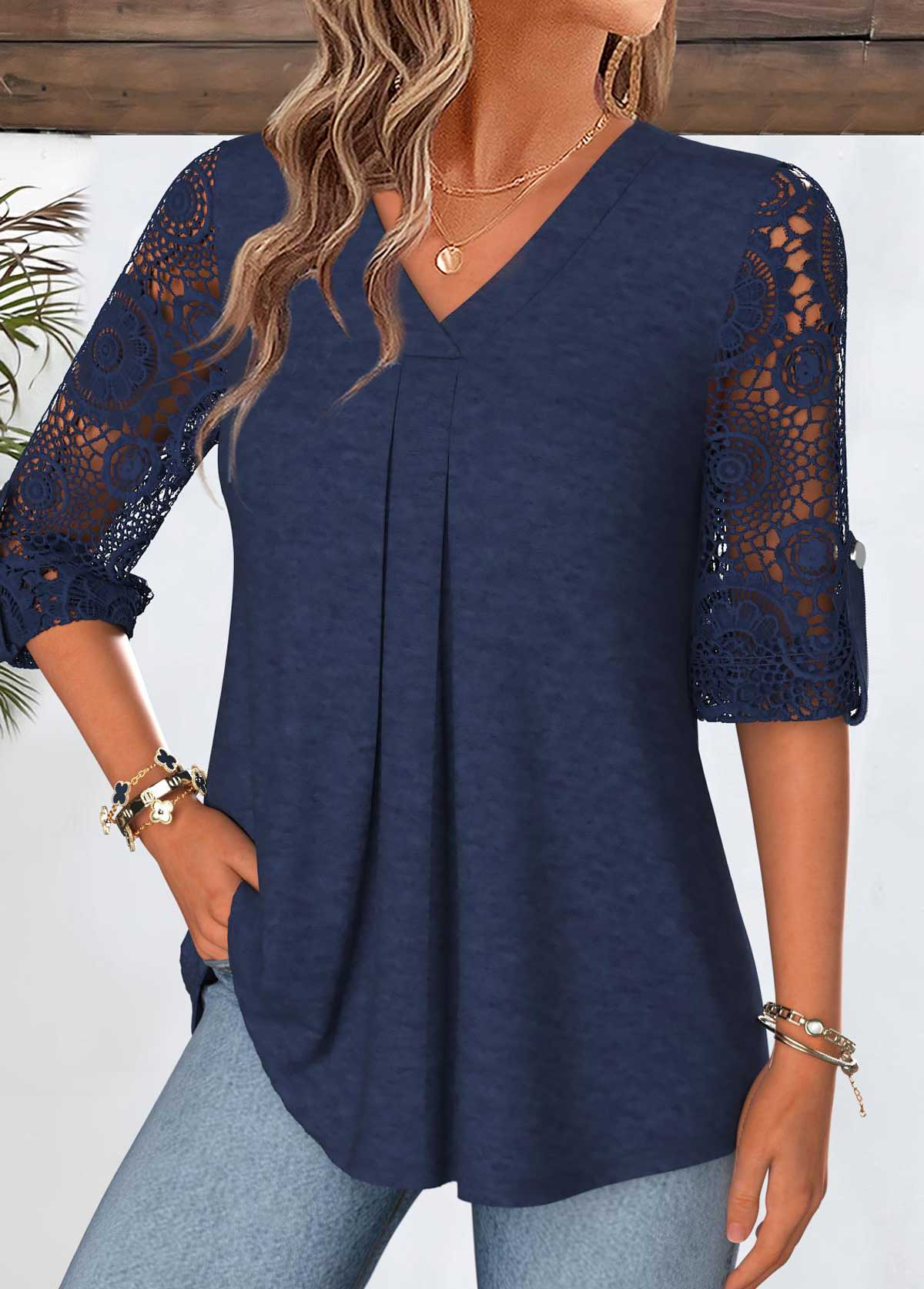Navy Curved Hem 3/4 Sleeve V Neck Blouse | picture 