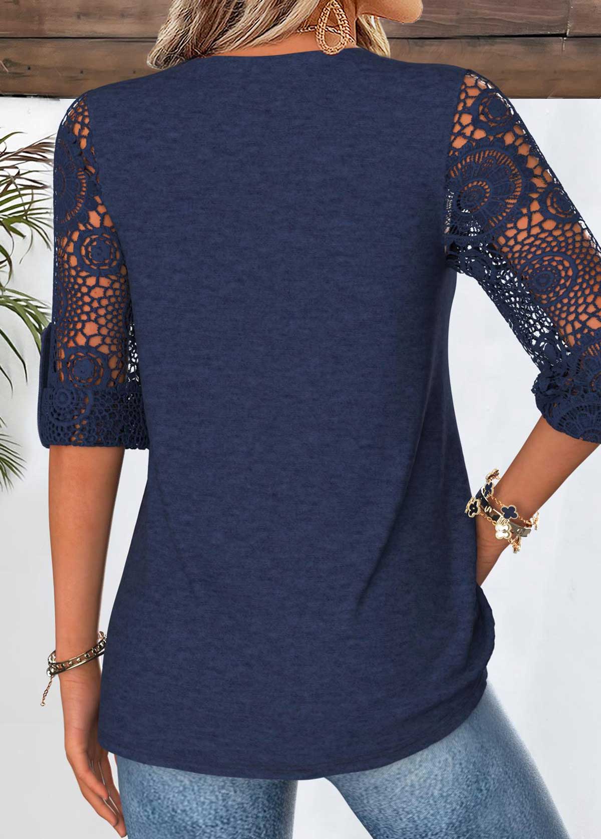 Navy Curved Hem 3/4 Sleeve V Neck Blouse | picture 