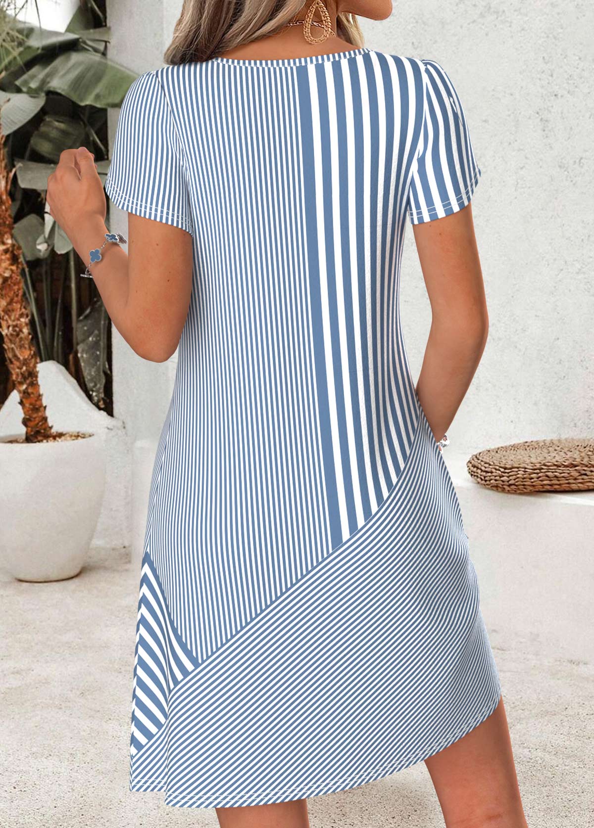 Blue Striped Short Asymmetry Asymmetrical Neck Dress | picture 