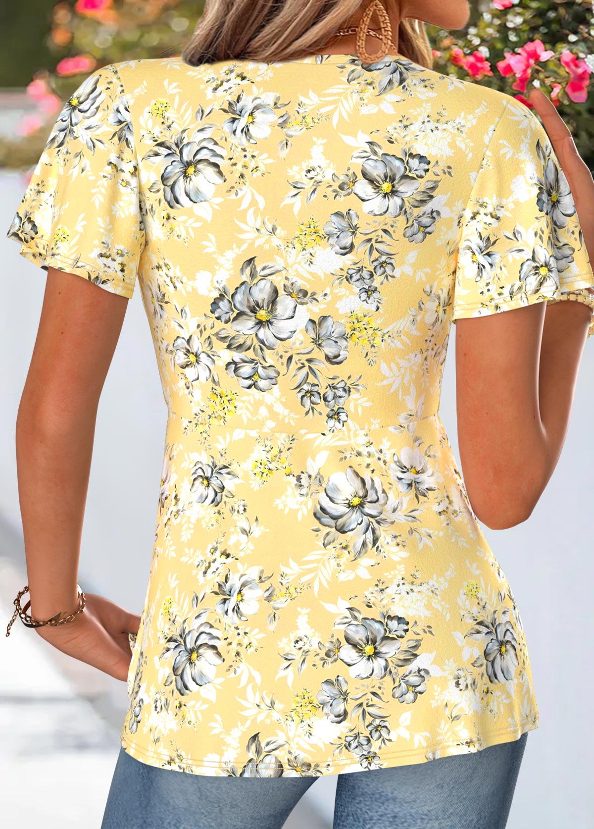 Yellow Floral Print Twist Short Sleeve T Shirt | picture 