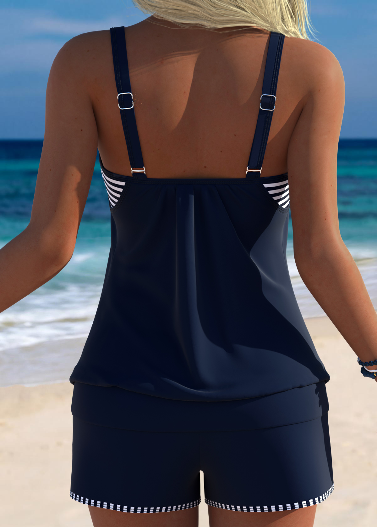 Navy Mid Waisted Blouson Striped Tankini Set | picture 2