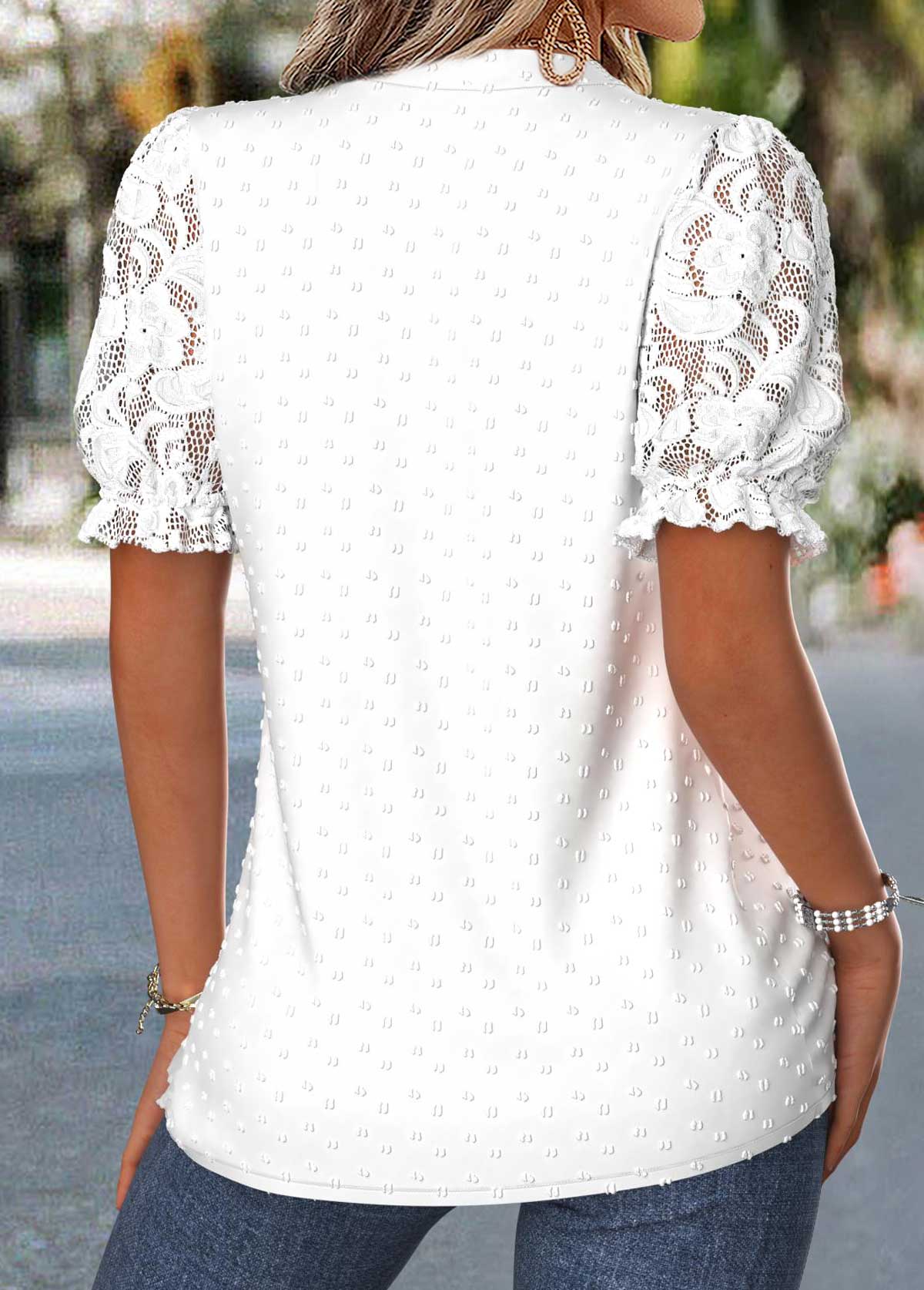 Raw White Patchwork Short Sleeve Split Neck Blouse | picture 