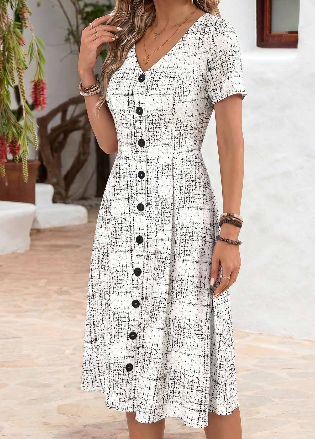 White Geometric Print Tummy Coverage Short Sleeve Dress | picture 