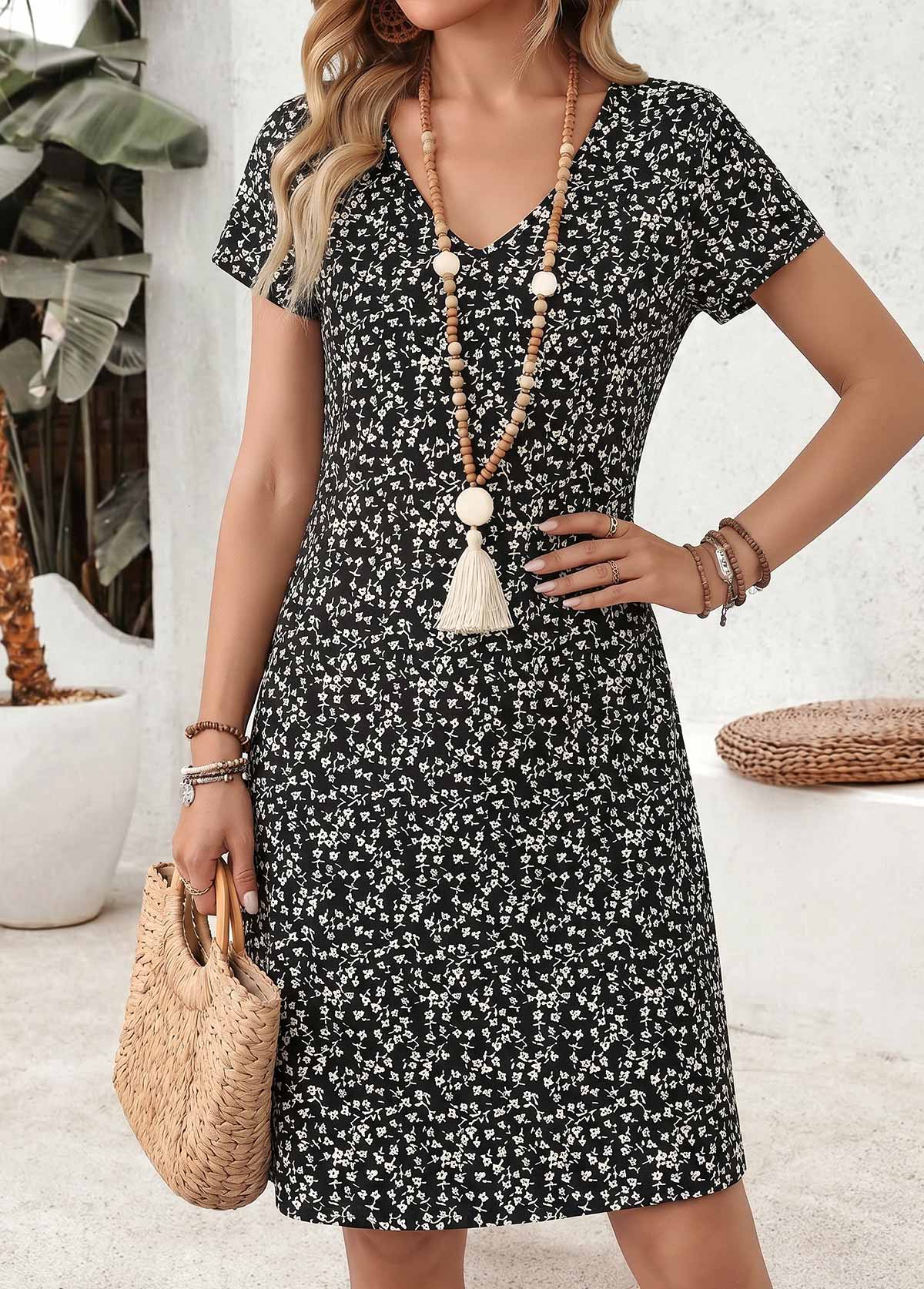 Black Ditsy Floral Print Short Tummy Coverage Dress | picture 