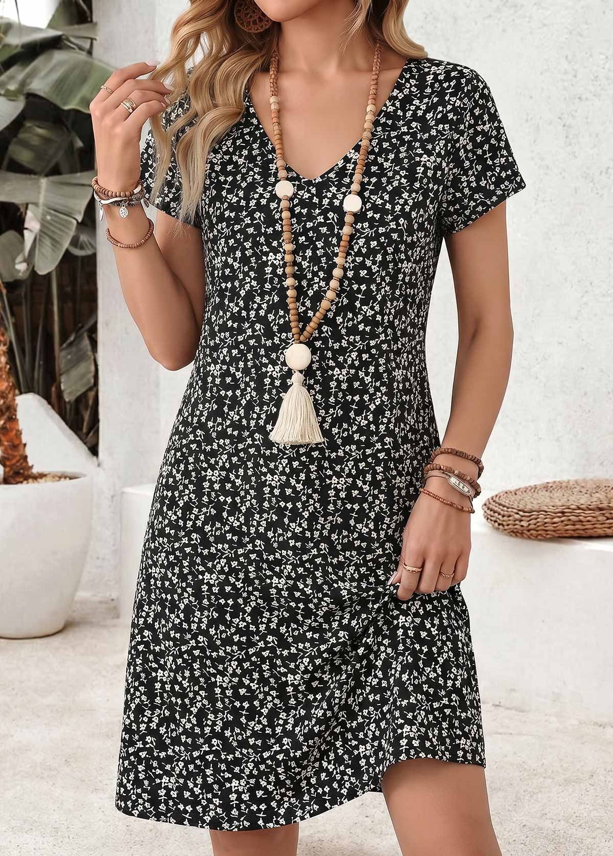 Black Ditsy Floral Print Short Tummy Coverage Dress | picture 