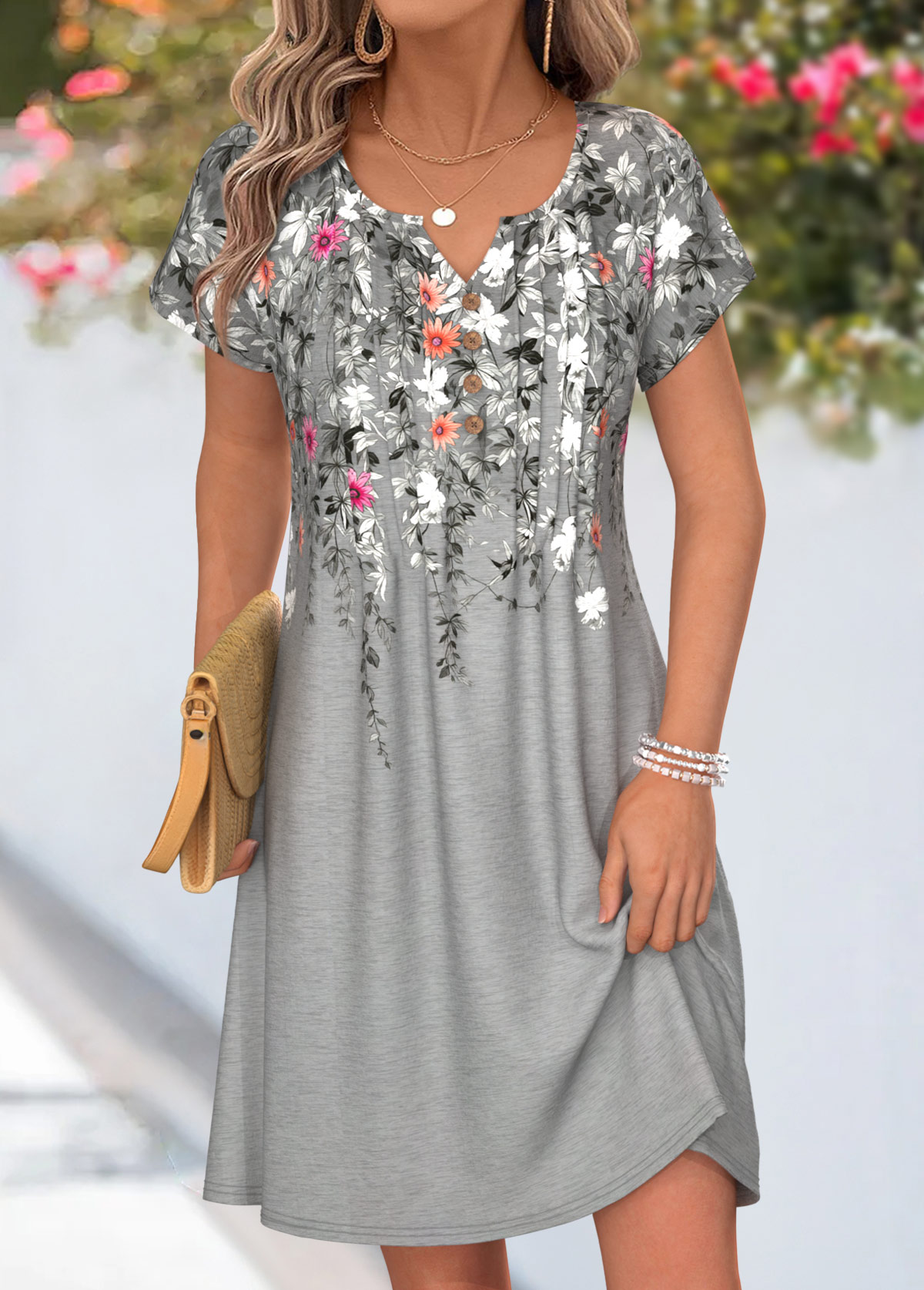 Grey Floral Print Short Tuck Stitch Split Neck Dress | picture 