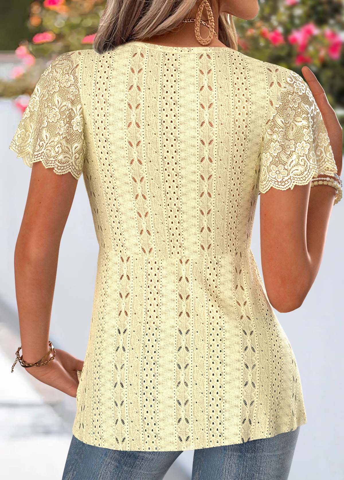 Yellow Patchwork Short Sleeve V Neck T Shirt | picture 