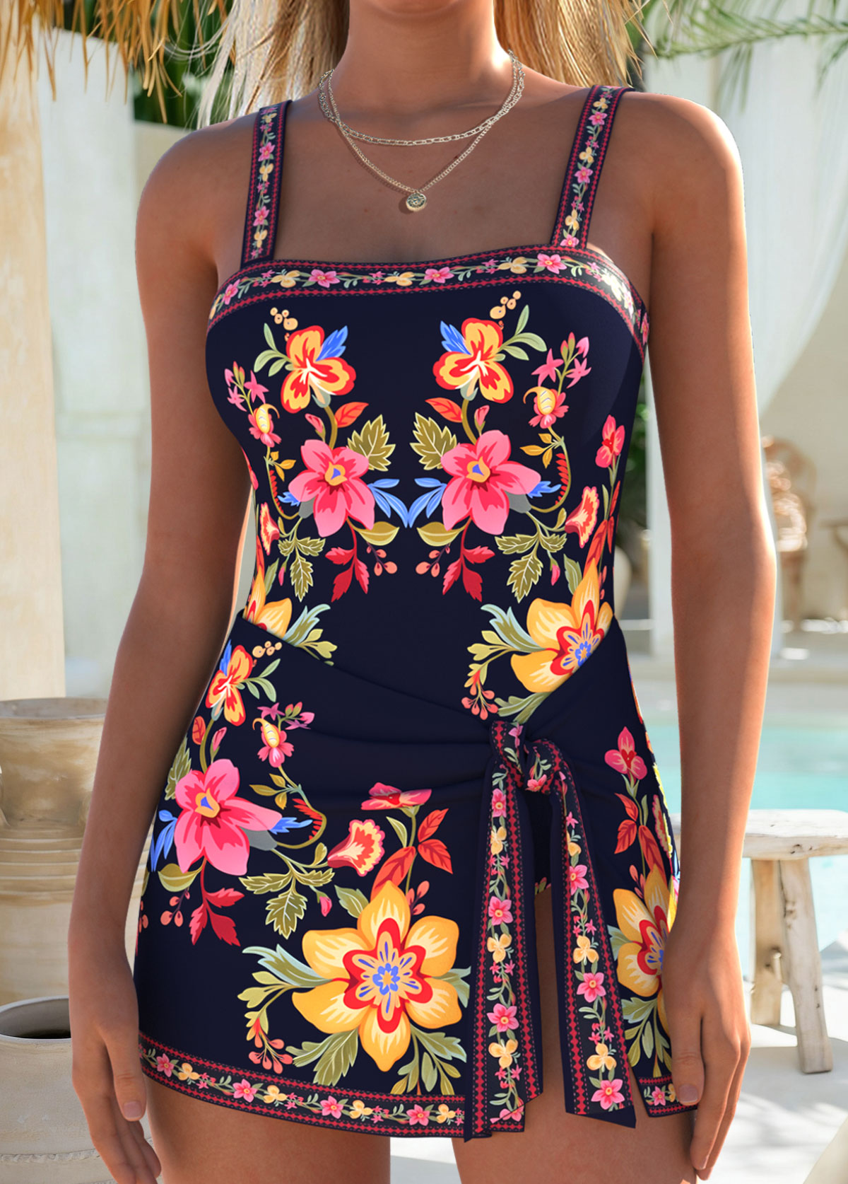 Black Layered Floral Print One Piece Swimdress | picture 