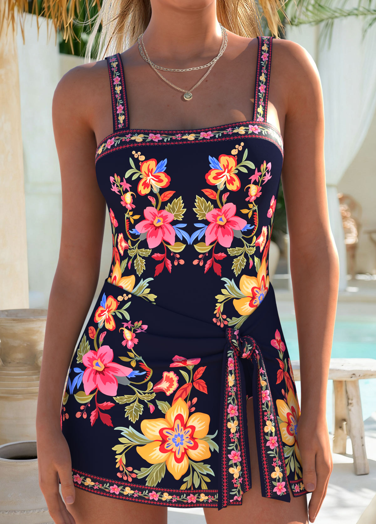 Black Layered Floral Print One Piece Swimdress | picture 