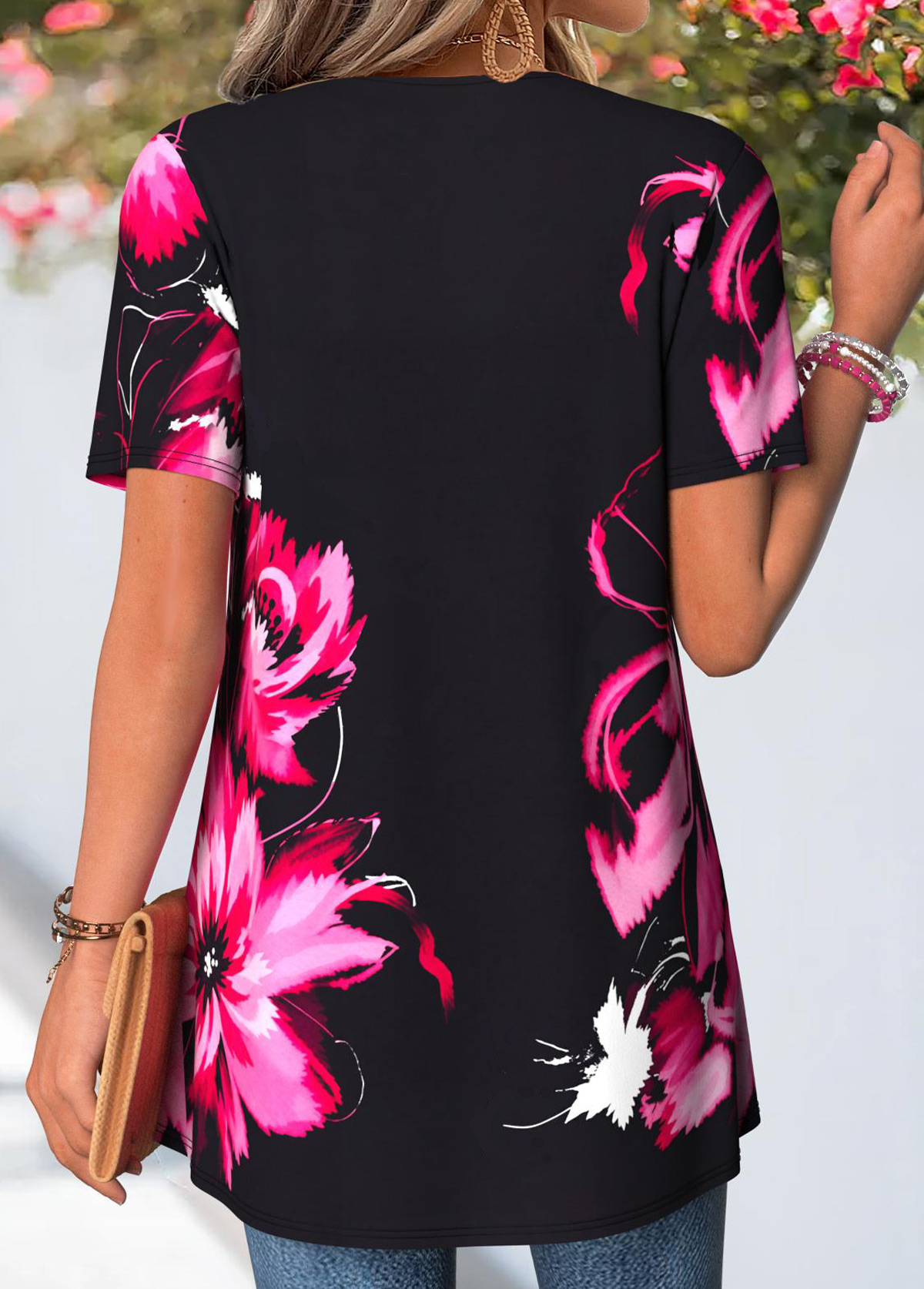 Black Floral Print Short Sleeve Fake Two Piece Twinset | picture 
