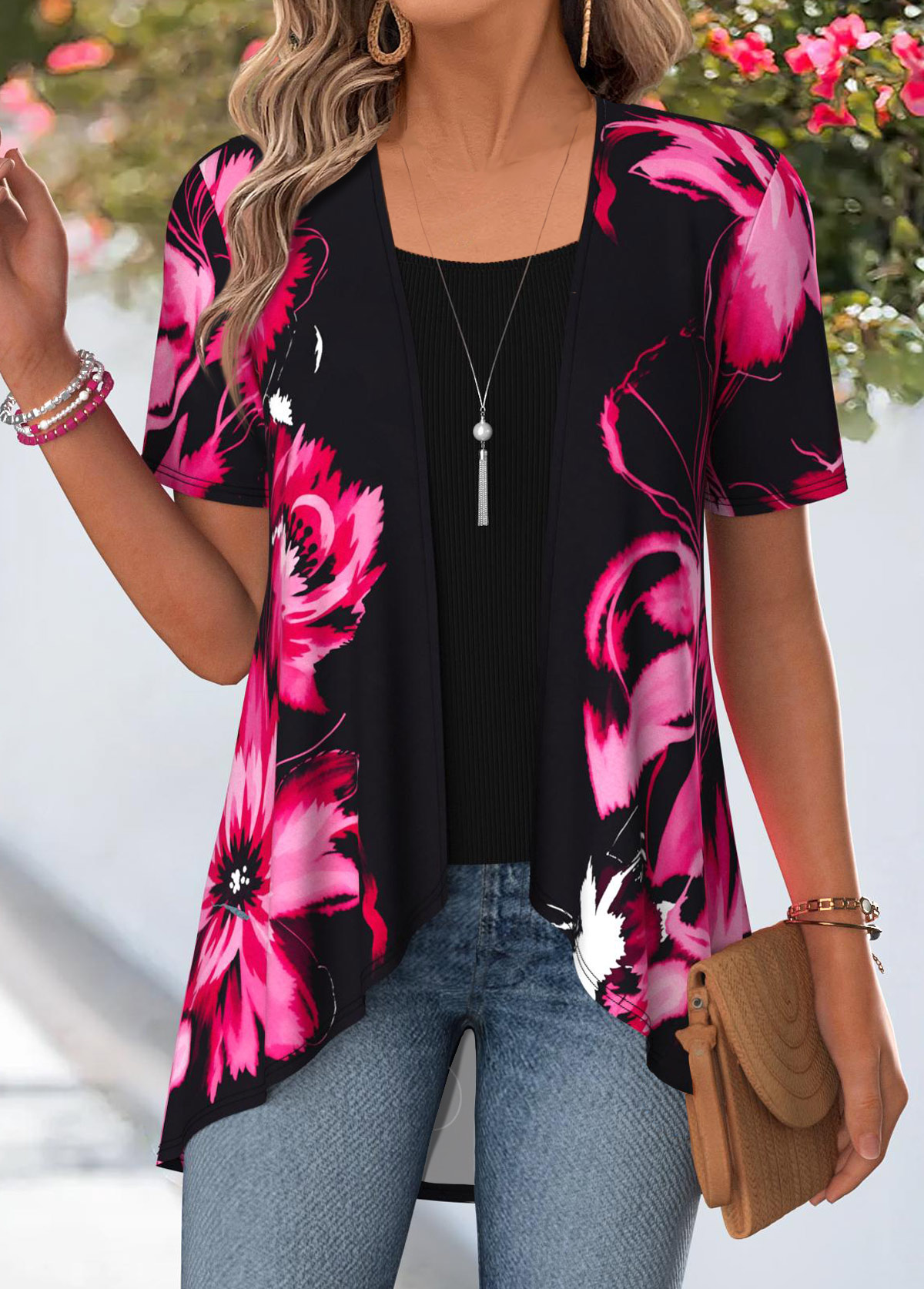 Black Floral Print Short Sleeve Fake Two Piece Twinset | picture 
