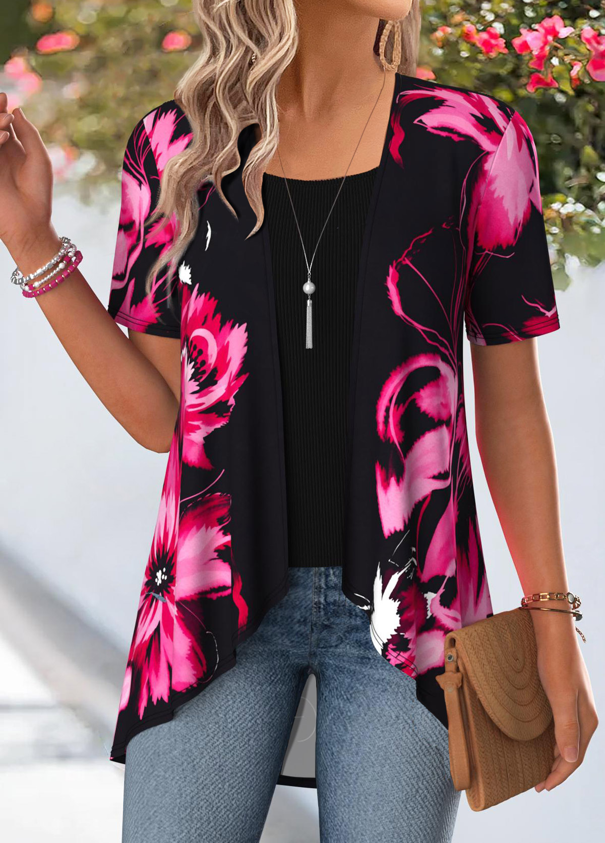 Black Floral Print Short Sleeve Fake Two Piece Twinset | picture 