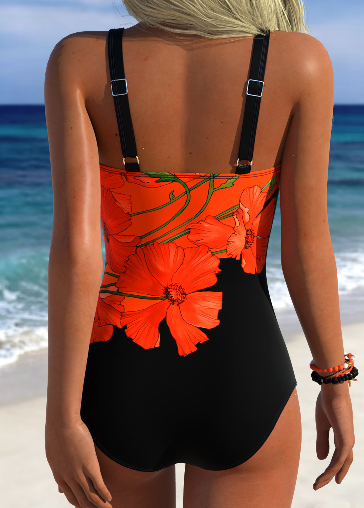 Black Adjustable Tie Tropical Plants Print One Piece Swimwear | picture 